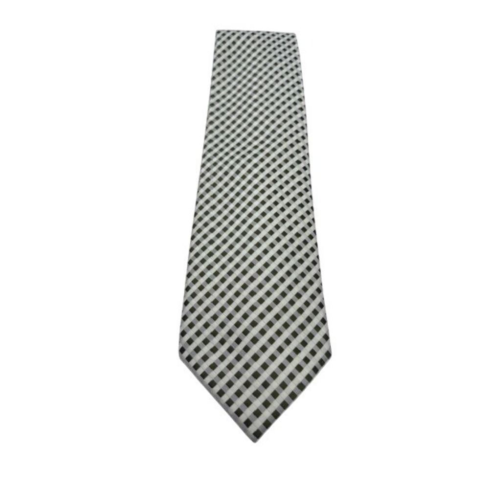 Ermenegildo Zegna Silk Tie Mens Olive Green Cream Checkered Woven Wide Italy